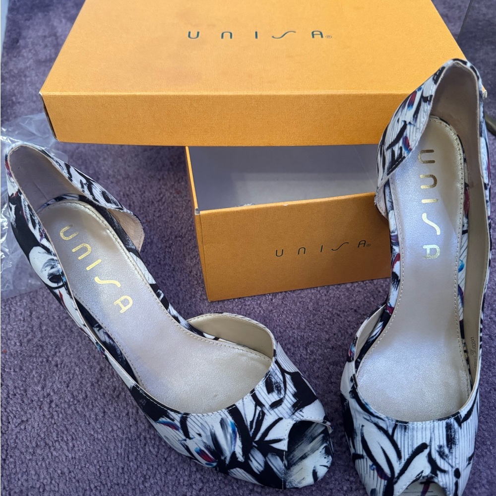 Unisa Heels - black/white/blue/pink pattern - used once - in original box